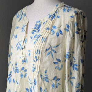 J.Jill 100% Linen Floral Blouse Women’s Medium Blue Yellow Button Front Boho Top
